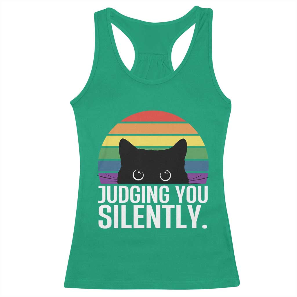 Rainbow Black Cat LGBT Pride Racerback Tank Top Judging You Silently TS14 Irish Green Print Your Wear