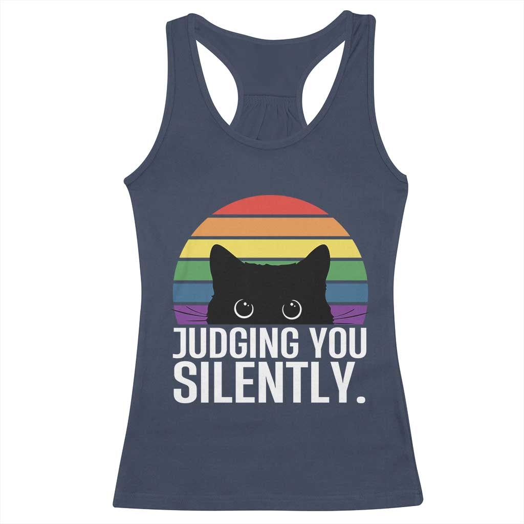 Rainbow Black Cat LGBT Pride Racerback Tank Top Judging You Silently TS14 Navy Print Your Wear