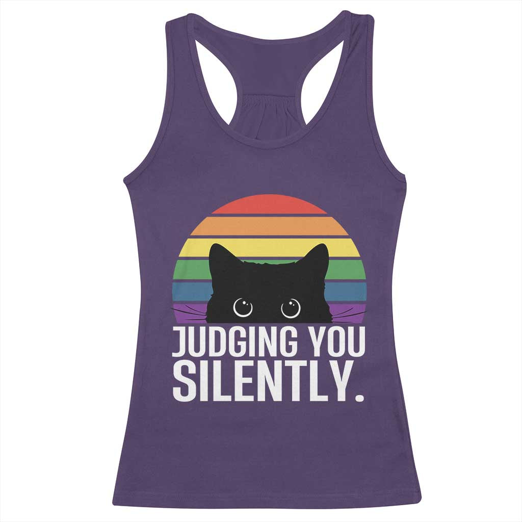 Rainbow Black Cat LGBT Pride Racerback Tank Top Judging You Silently TS14 Purple Print Your Wear