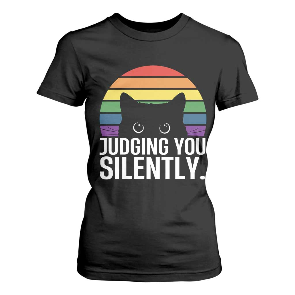 Rainbow Black Cat LGBT Pride T Shirt For Women Judging You Silently TS14 Black Print Your Wear