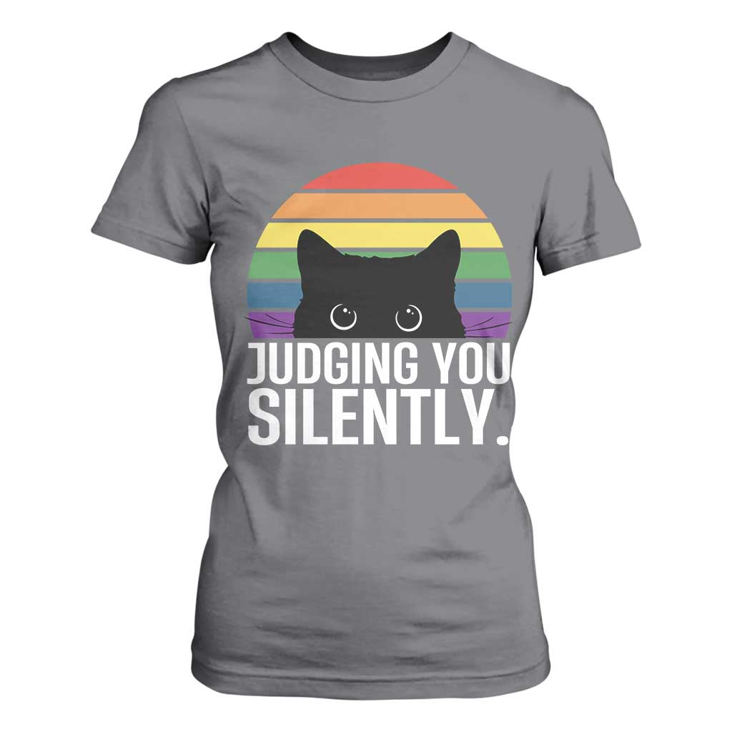 Rainbow Black Cat LGBT Pride T Shirt For Women Judging You Silently TS14 Charcoal Print Your Wear