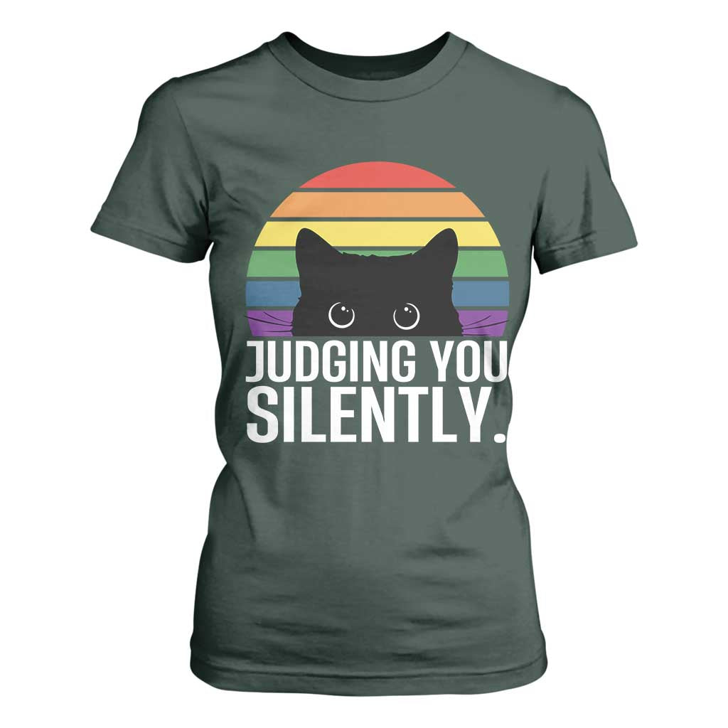 Rainbow Black Cat LGBT Pride T Shirt For Women Judging You Silently TS14 Dark Forest Green Print Your Wear