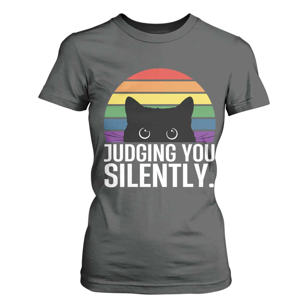 Rainbow Black Cat LGBT Pride T Shirt For Women Judging You Silently TS14 Dark Heather Print Your Wear