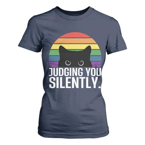 Rainbow Black Cat LGBT Pride T Shirt For Women Judging You Silently TS14 Navy Print Your Wear