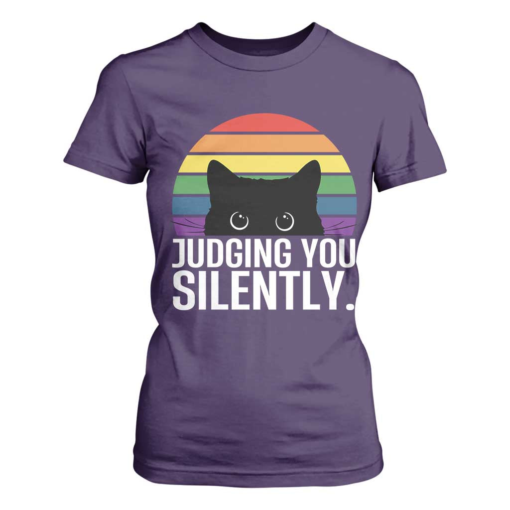 Rainbow Black Cat LGBT Pride T Shirt For Women Judging You Silently TS14 Purple Print Your Wear