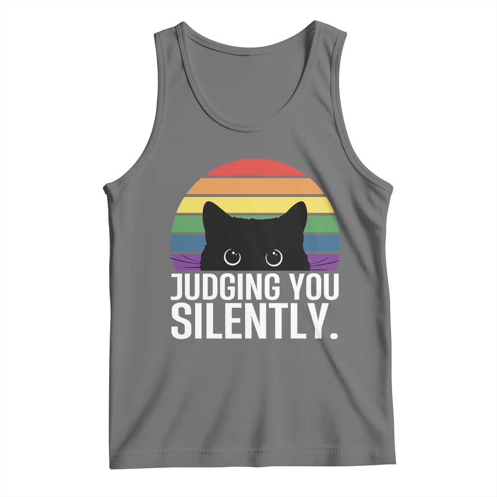 Rainbow Black Cat LGBT Pride Tank Top Judging You Silently TS14 Black Heather Print Your Wear