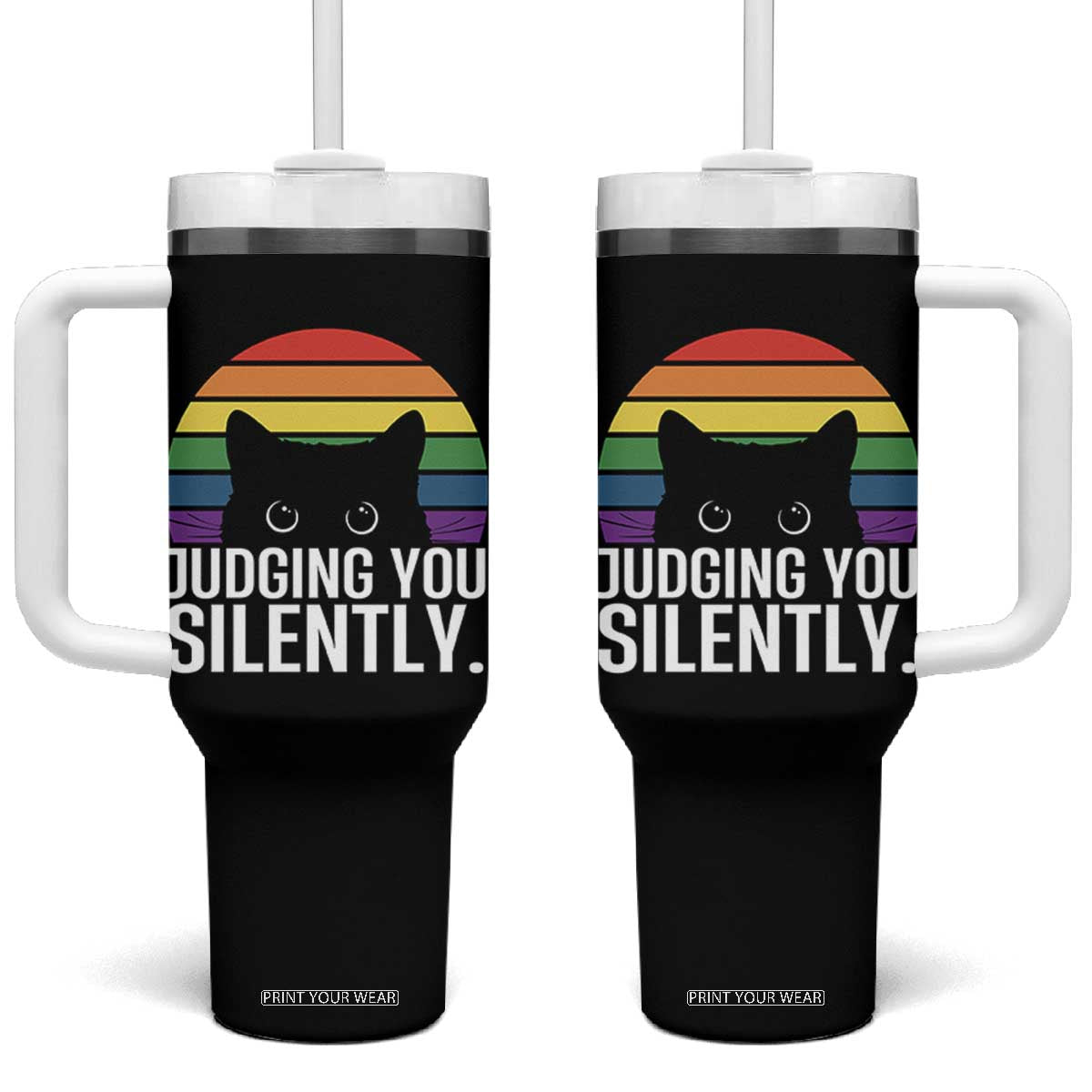 Rainbow Black Cat LGBT Pride Tumbler With Handle Judging You Silently