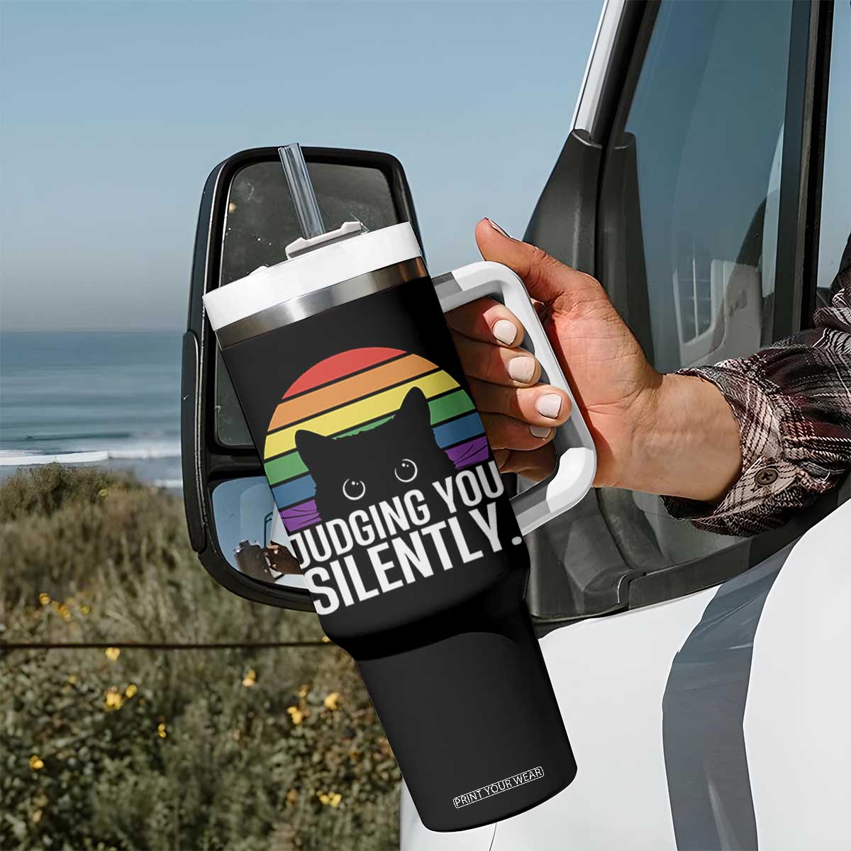 Rainbow Black Cat LGBT Pride Tumbler With Handle Judging You Silently