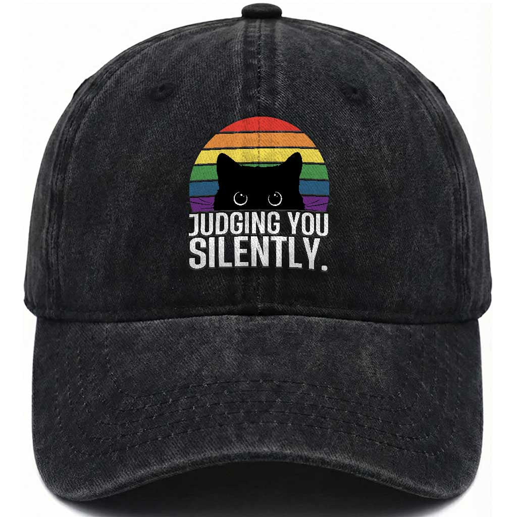 Rainbow Black Cat LGBT Pride Washed Cotton Baseball Cap Judging You Silently TS14 Print Your Wear