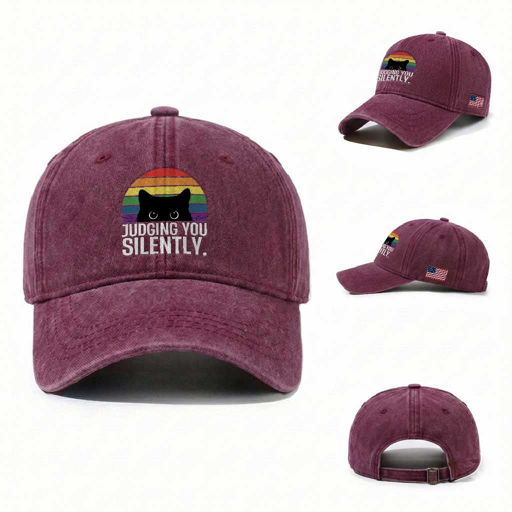Rainbow Black Cat LGBT Pride Washed Cotton Baseball Cap Judging You Silently TS14 Washed Cap Universal Fit Burgundy Print Your Wear
