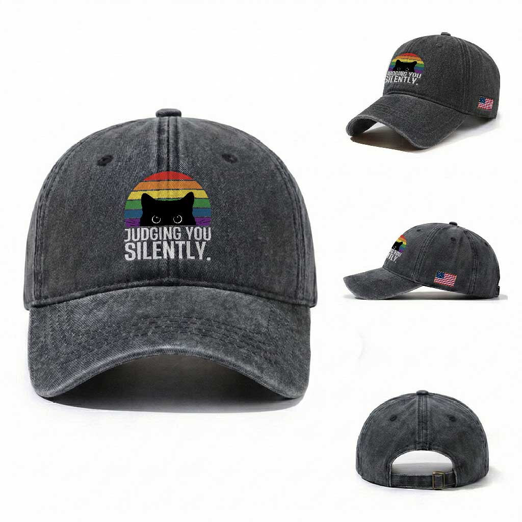 Rainbow Black Cat LGBT Pride Washed Cotton Baseball Cap Judging You Silently TS14 Washed Cap Universal Fit Dark Gray Print Your Wear