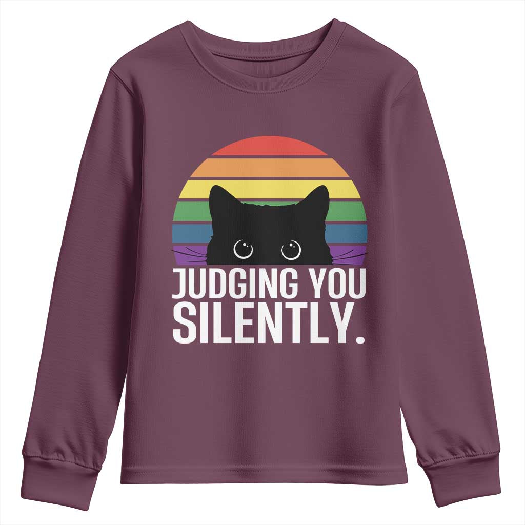 Rainbow Black Cat LGBT Pride Youth Sweatshirt Judging You Silently TS14 Maroon Print Your Wear