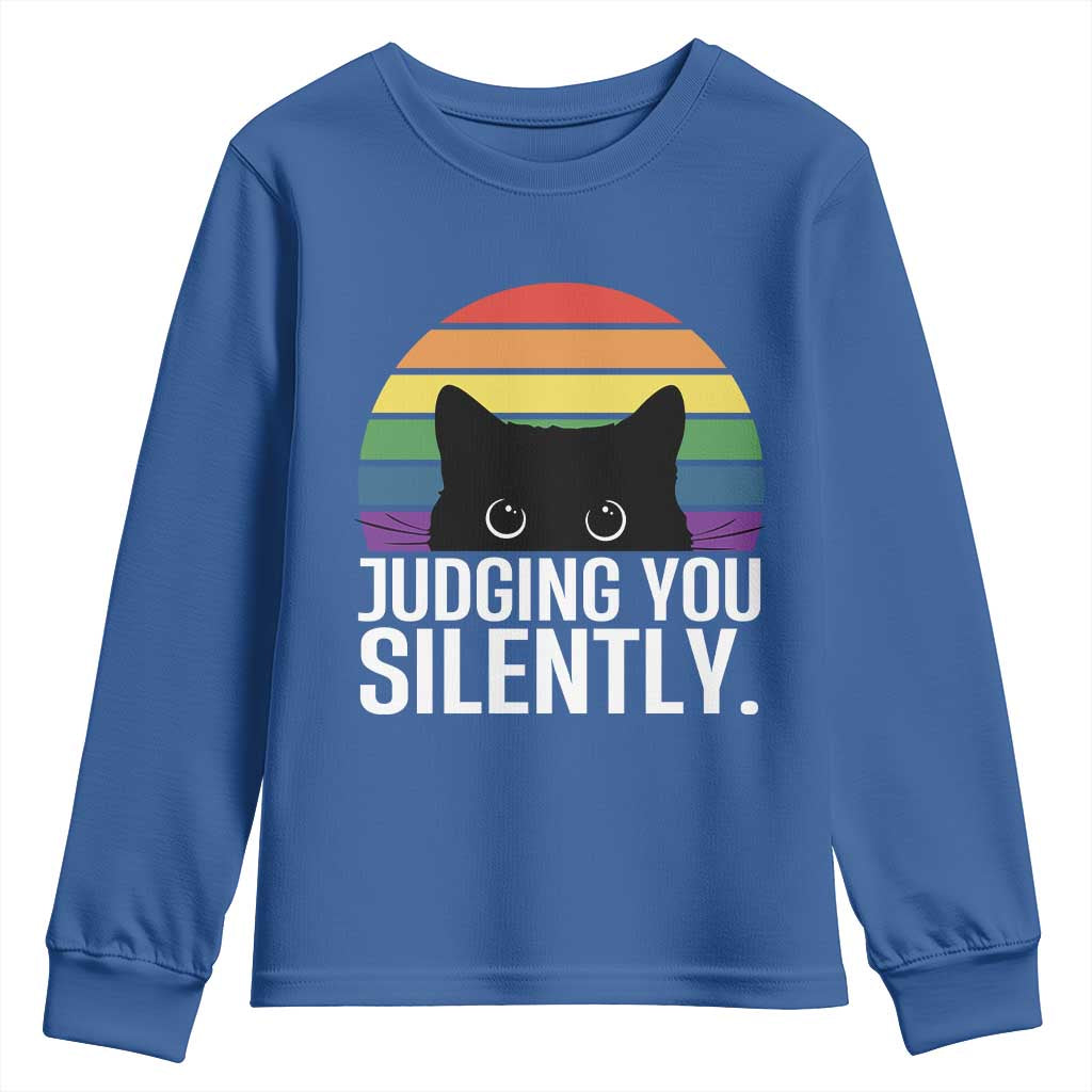 Rainbow Black Cat LGBT Pride Youth Sweatshirt Judging You Silently TS14 Royal Blue Print Your Wear