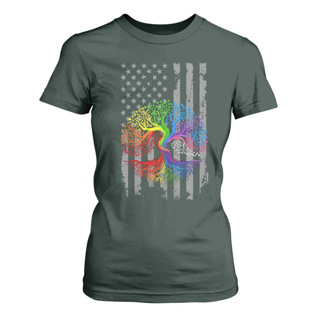 Tree of Life Rainbow LGBTQ Pride T Shirt For Women American Flag Gift TS14 Dark Forest Green Print Your Wear