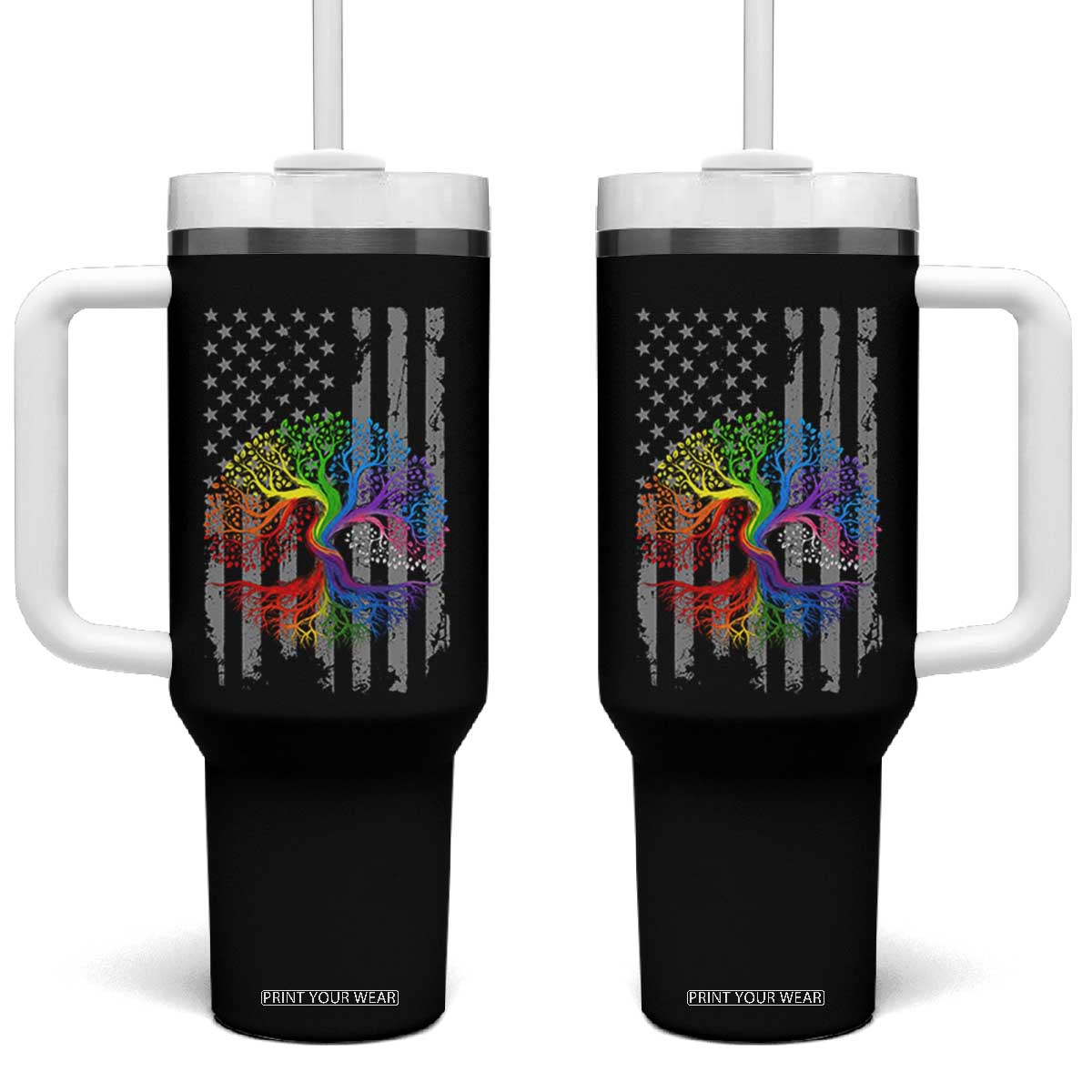 Tree of Life Rainbow LGBTQ Pride Tumbler With Handle American Flag Gift