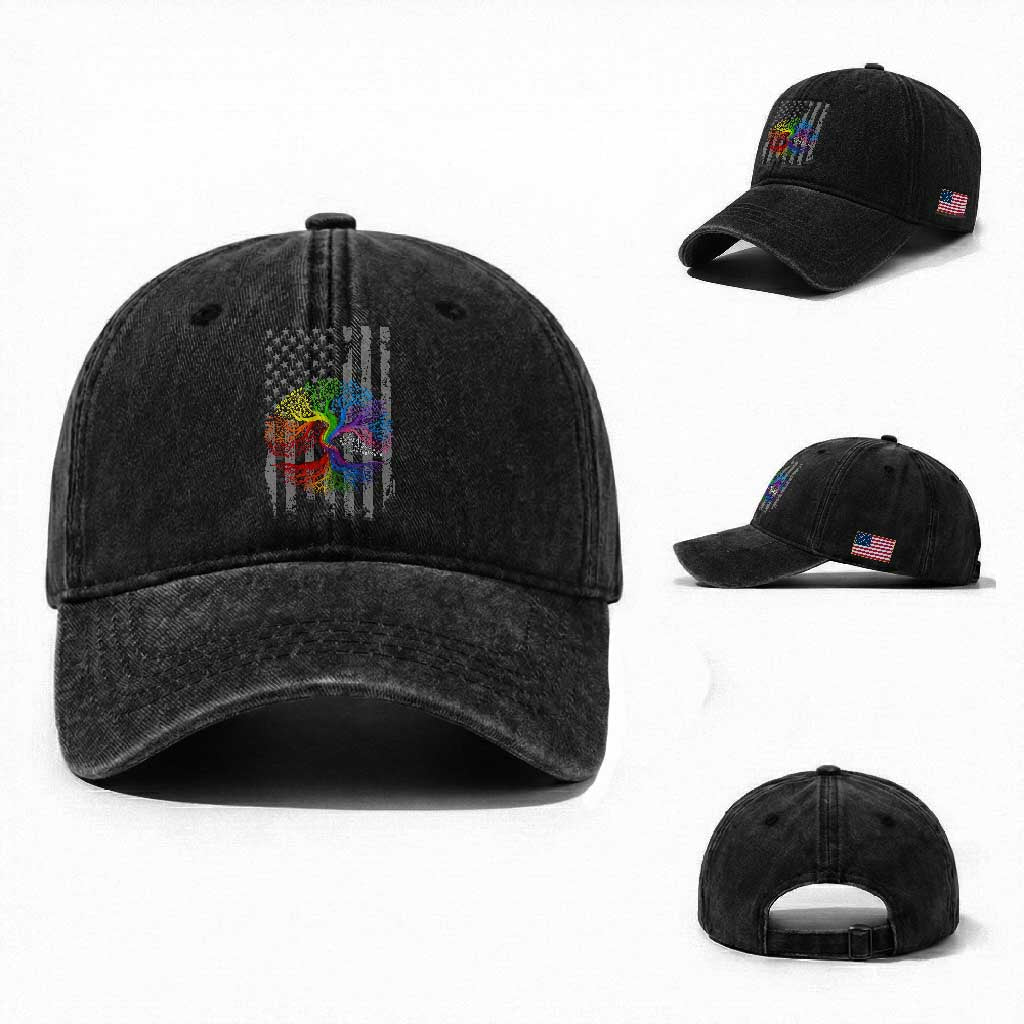 Tree of Life Rainbow LGBTQ Pride Washed Cotton Baseball Cap American Flag Gift TS14 Washed Cap Universal Fit Black Print Your Wear