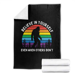 Retro Rainbow Bigfoot Throw Blanket Believe In Yourself Even When Others Don't