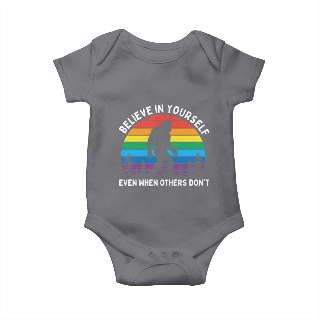 Retro Rainbow Bigfoot Baby Onesie Believe In Yourself Even When Others Don't TS14 Charcoal Print Your Wear