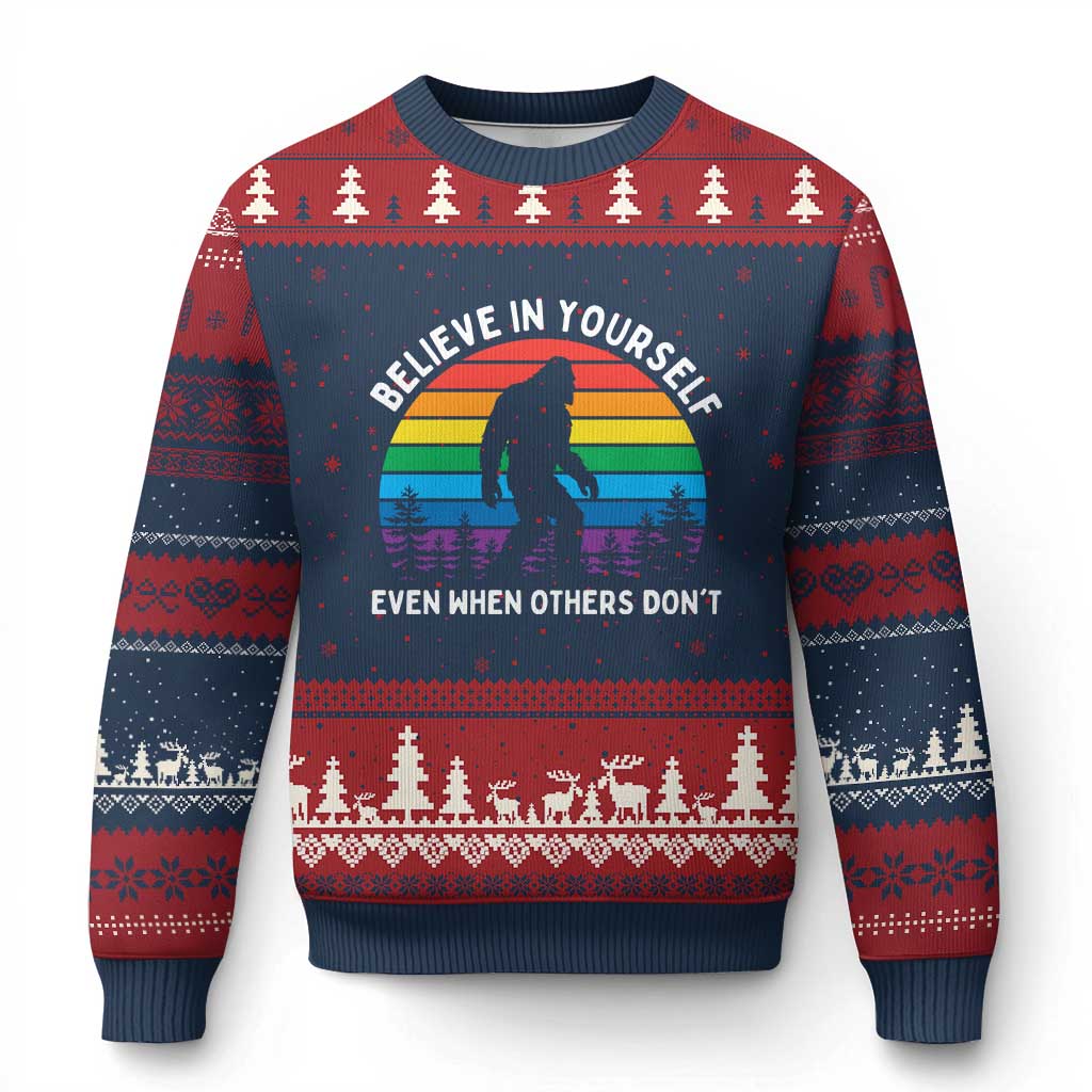 Retro Rainbow Bigfoot Ugly Christmas Sweater Believe In Yourself Even When Others Don't TS14 Navy Red Print Your Wear