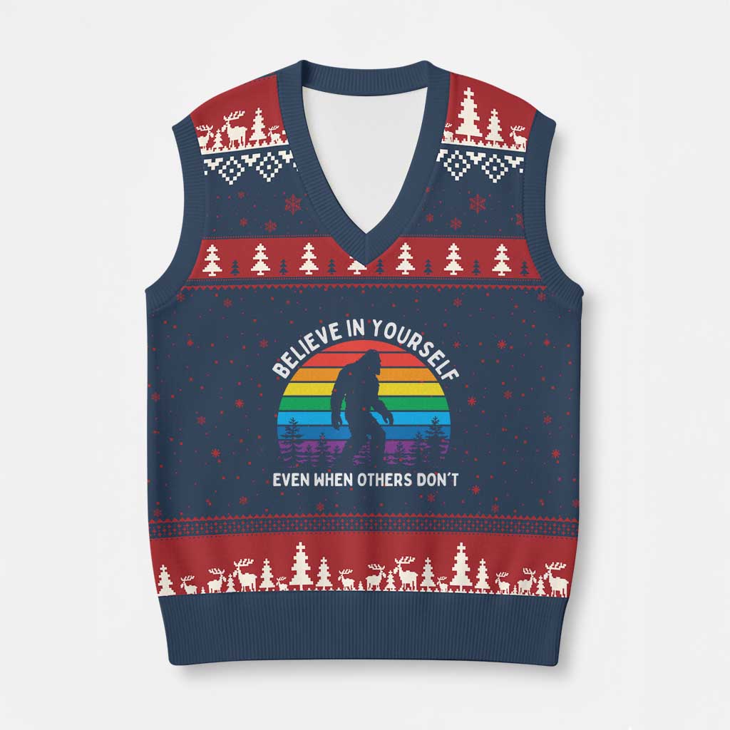 Retro Rainbow Bigfoot V-Neck Knit Sweater Vest Believe In Yourself Even When Others Don't TS14 Navy Red Print Your Wear