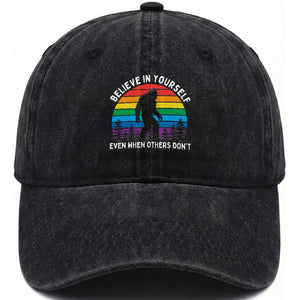 Retro Rainbow Bigfoot Washed Cotton Baseball Cap Believe In Yourself Even When Others Don't TS14 Print Your Wear