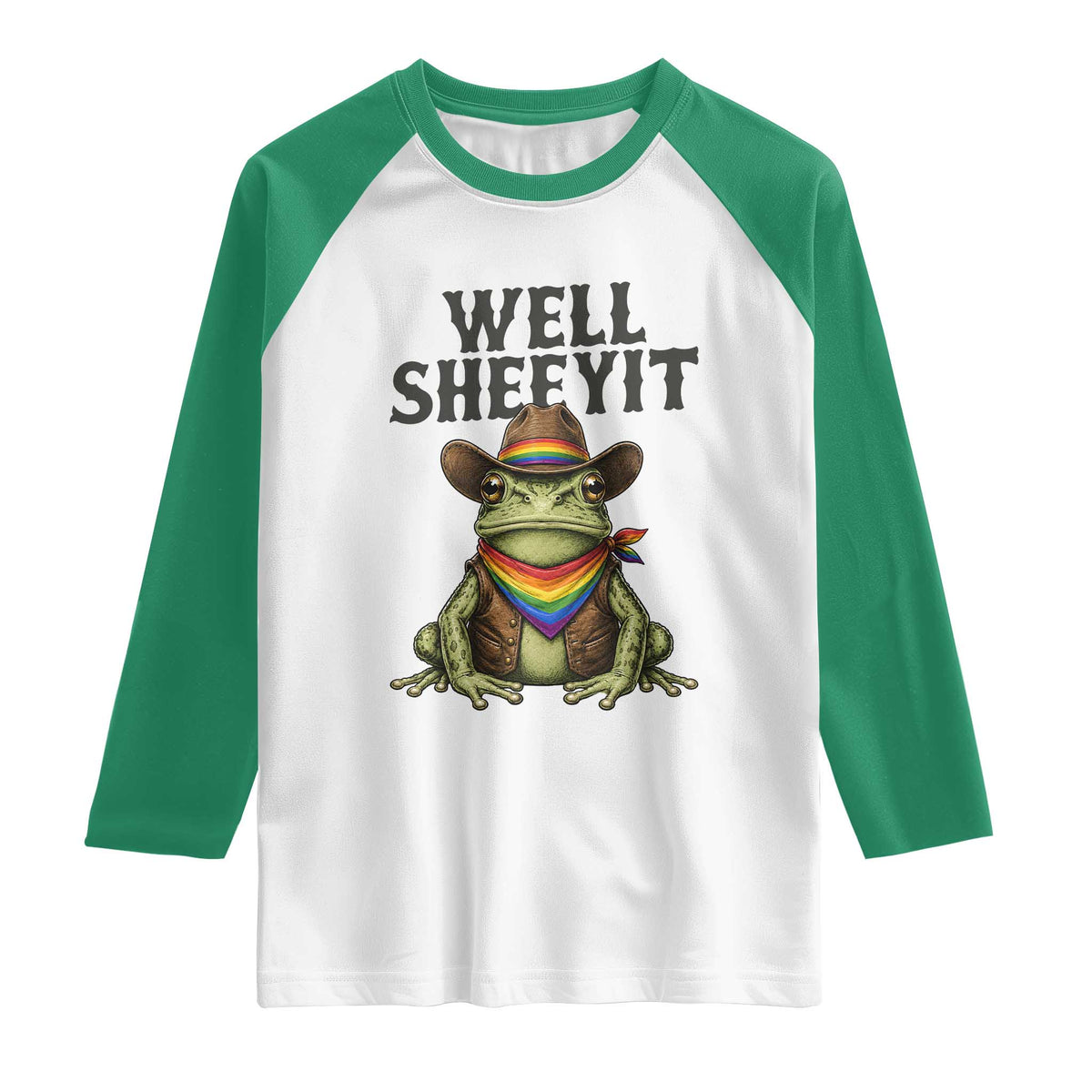Pride Frog LGBT Rainbow Raglan Shirt Well Sheeyit Country Western TS14 White Kelly Green Print Your Wear