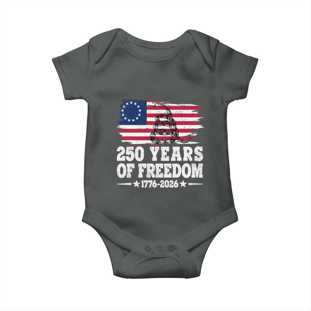 250 Years Of Freedom Baby Onesie Gadsden Flag American Patriot US TS14 Dark Heather Print Your Wear