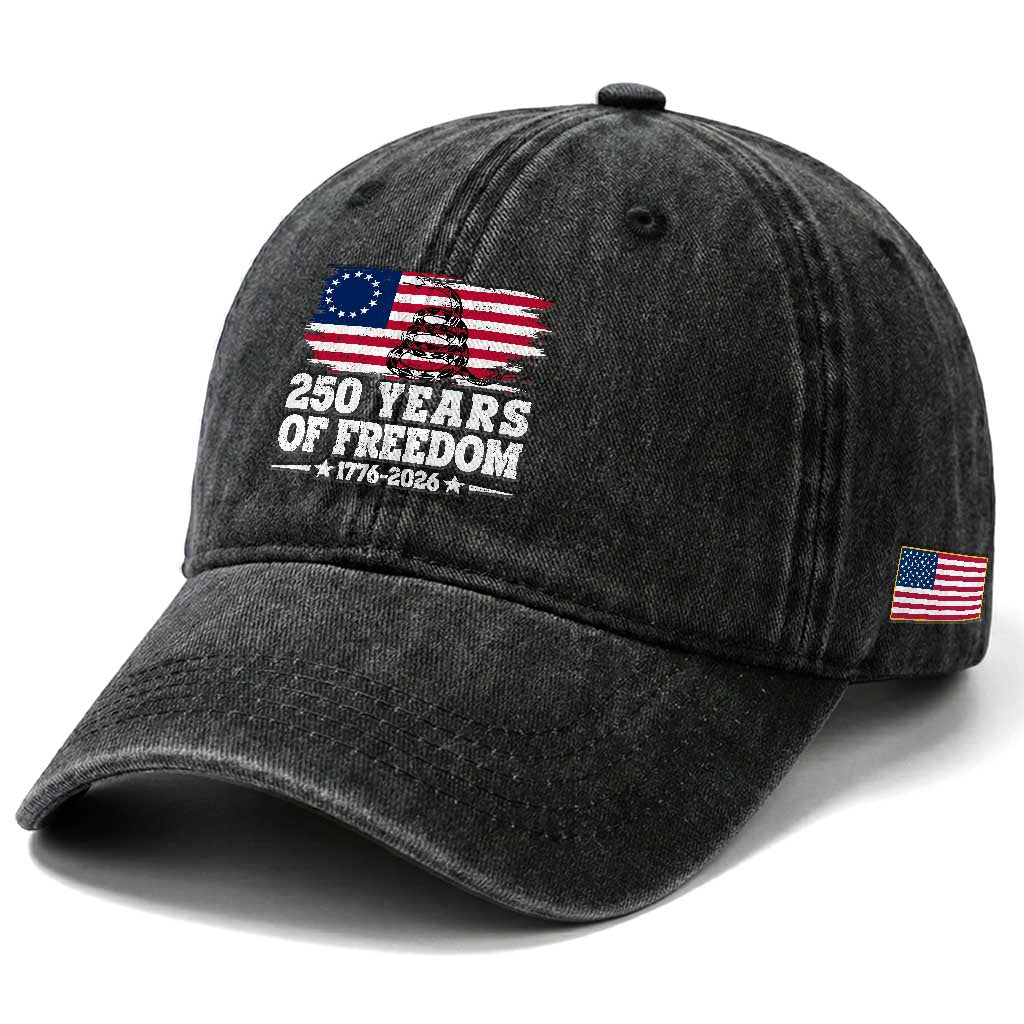 250 Years Of Freedom Washed Cotton Baseball Cap Gadsden Flag American Patriot US