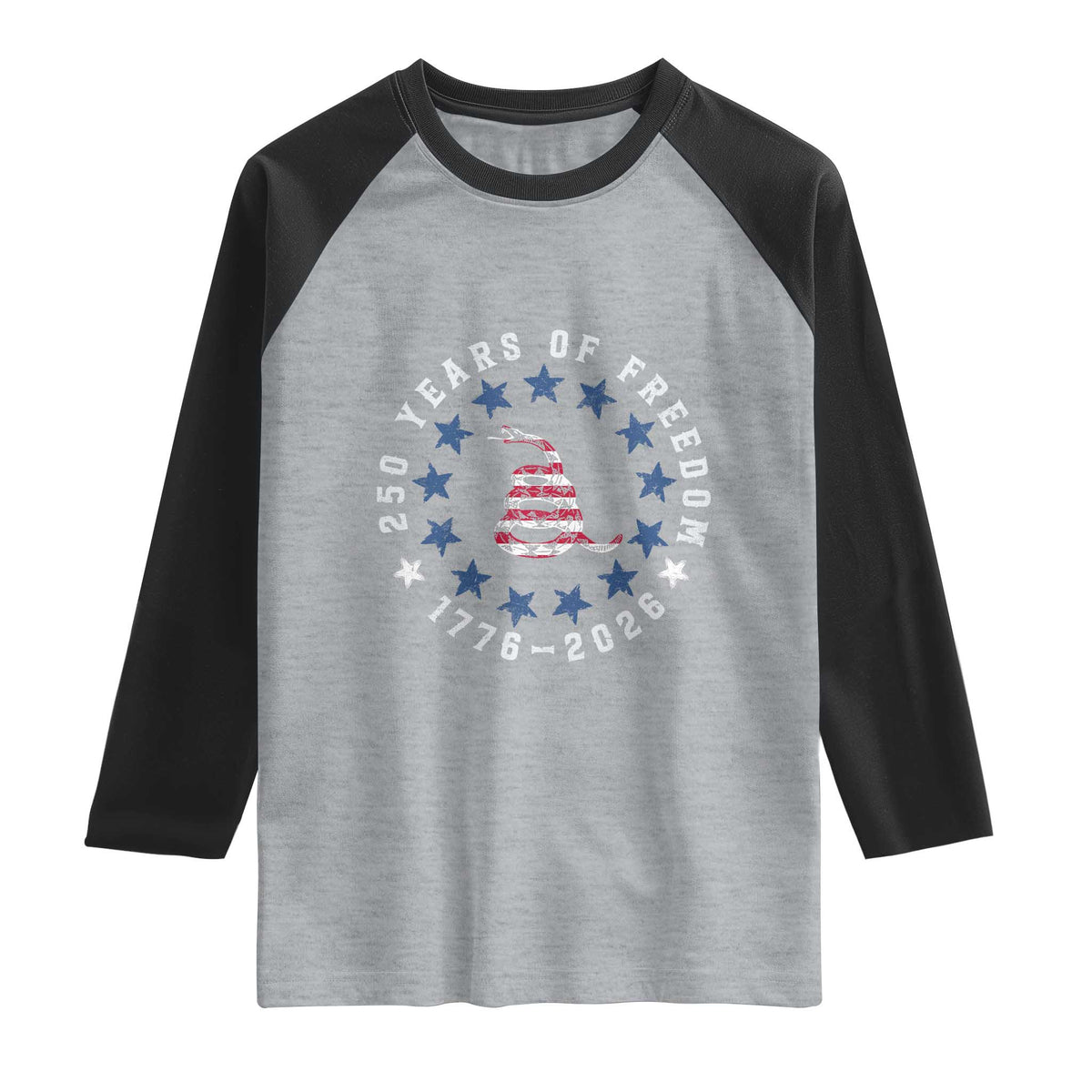 250 Years Of Freedom Raglan Shirt Gadsden Betty Ross Flag Ring of Stars American Patriot US TS14 Heather Gray Black Print Your Wear