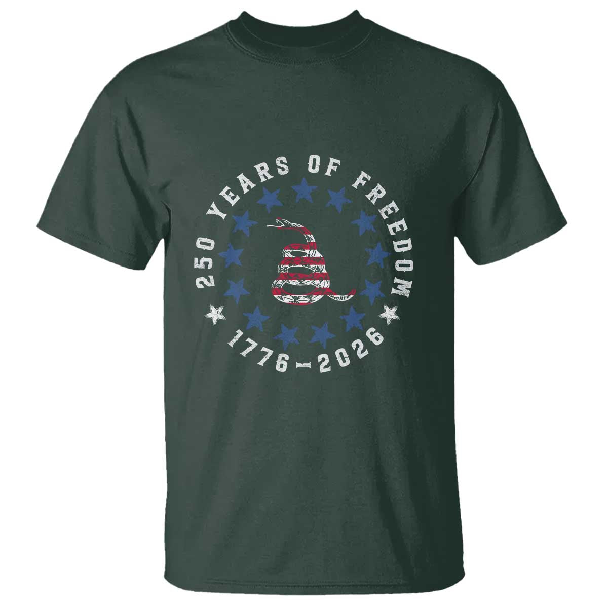 250 Years Of Freedom T Shirt Gadsden Betty Ross Flag Ring of Stars American Patriot US TS14 Dark Forest Green Print Your Wear