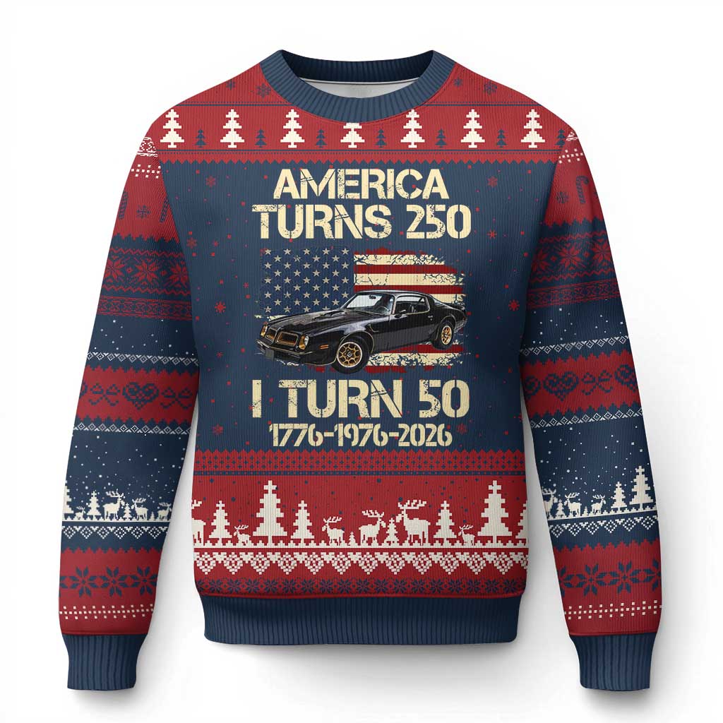 America Turns 250 I Turn 50 1976 50th Birthday Ugly Christmas Sweater Retro 70s Muscle Car Lover TS14 Navy Red Print Your Wear