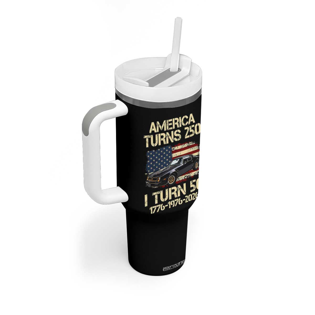 America Turns 250 I Turn 50 1976 50th Birthday Tumbler With Handle Retro 70s Muscle Car Lover