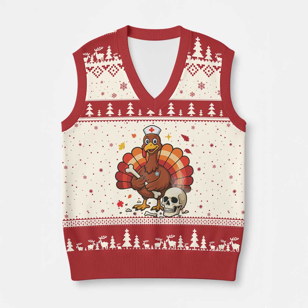 Funny Thanksgiving Nurse Turkey V-Neck Knit Sweater Vest Fall RN TS14 Beige Red Print Your Wear