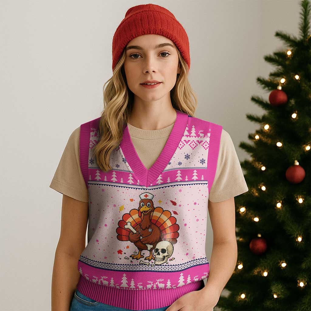 Funny Thanksgiving Nurse Turkey V-Neck Knit Sweater Vest Fall RN - Print Your Wear