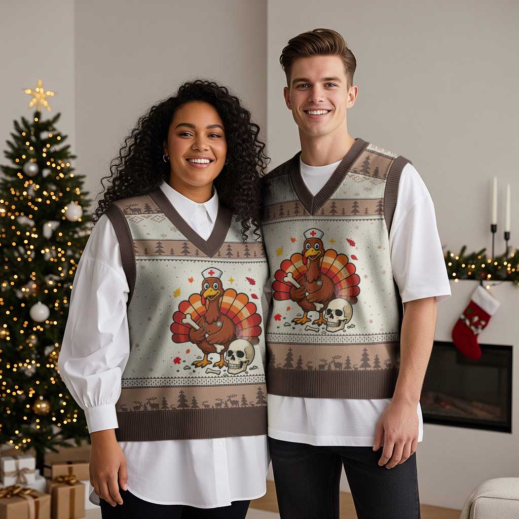 Funny Thanksgiving Nurse Turkey V-Neck Knit Sweater Vest Fall RN TS14 Mocha Mousse Print Your Wear