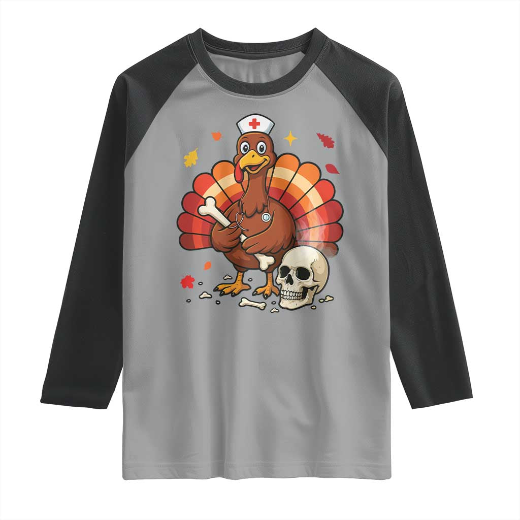 Funny Thanksgiving Nurse Turkey Raglan Shirt Fall RN - Print Your Wear
