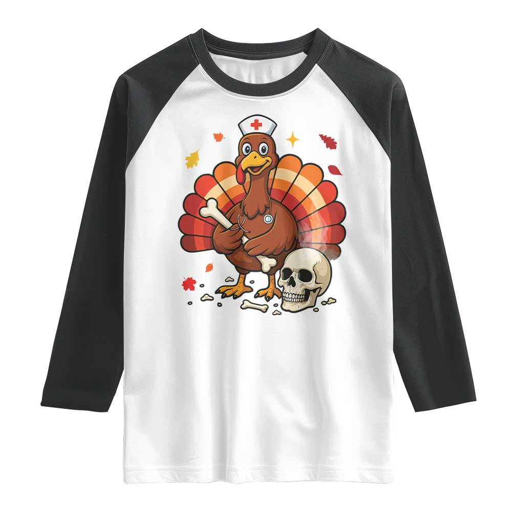 Funny Thanksgiving Nurse Turkey Raglan Shirt Fall RN - Print Your Wear
