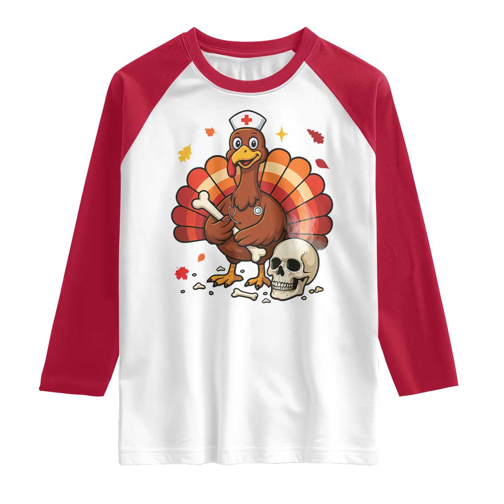 Funny Thanksgiving Nurse Turkey Raglan Shirt Fall RN - Print Your Wear