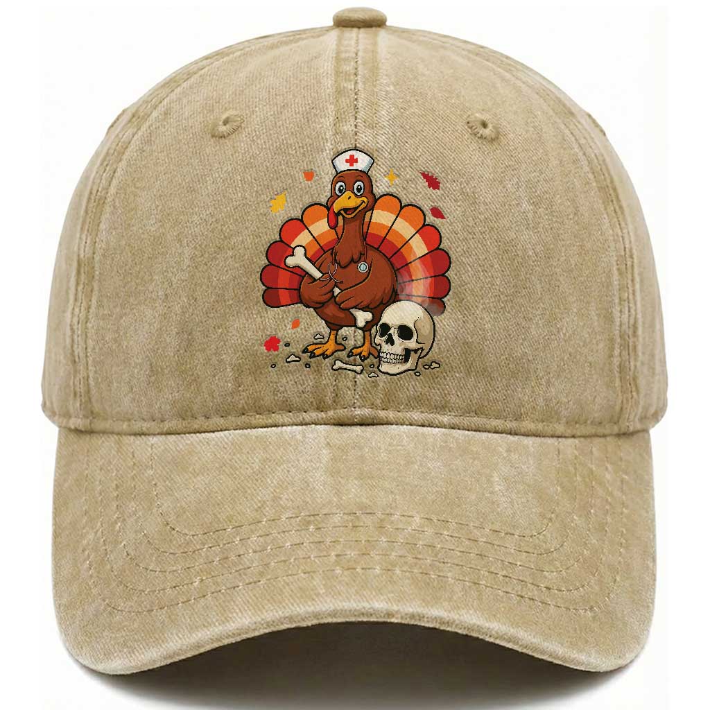 Funny Thanksgiving Nurse Turkey Washed Cotton Baseball Cap Fall RN TS14 Washed Cap Universal Fit Khaki Print Your Wear