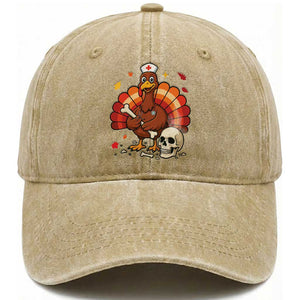 Funny Thanksgiving Nurse Turkey Washed Cotton Baseball Cap Fall RN TS14 Washed Cap Universal Fit Khaki Print Your Wear