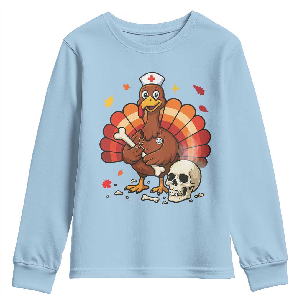 Funny Thanksgiving Nurse Turkey Youth Sweatshirt Fall RN - Print Your Wear