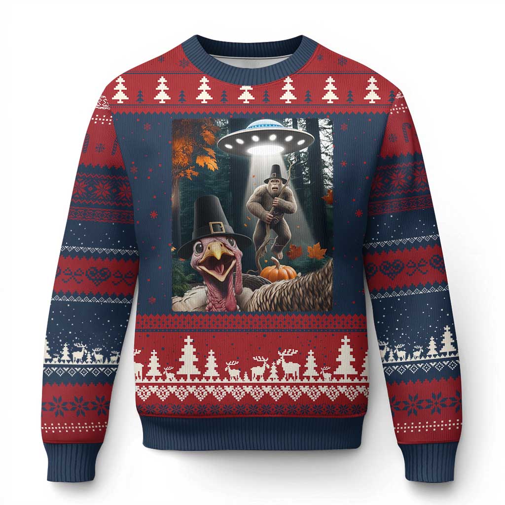 Thanksgiving Funny Bigfoot Turkey Selfie Ugly Christmas Sweater TS14 Navy Red Print Your Wear