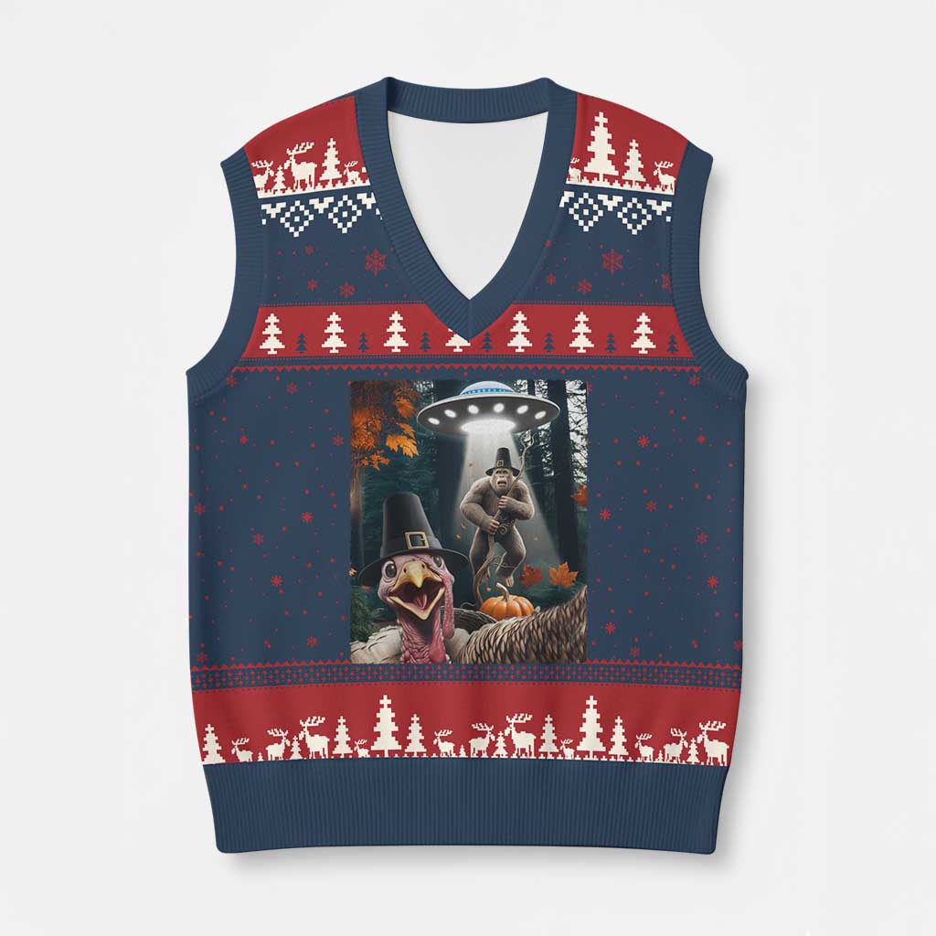 Thanksgiving Funny Bigfoot Turkey Selfie V-Neck Knit Sweater Vest TS14 Navy Red Print Your Wear