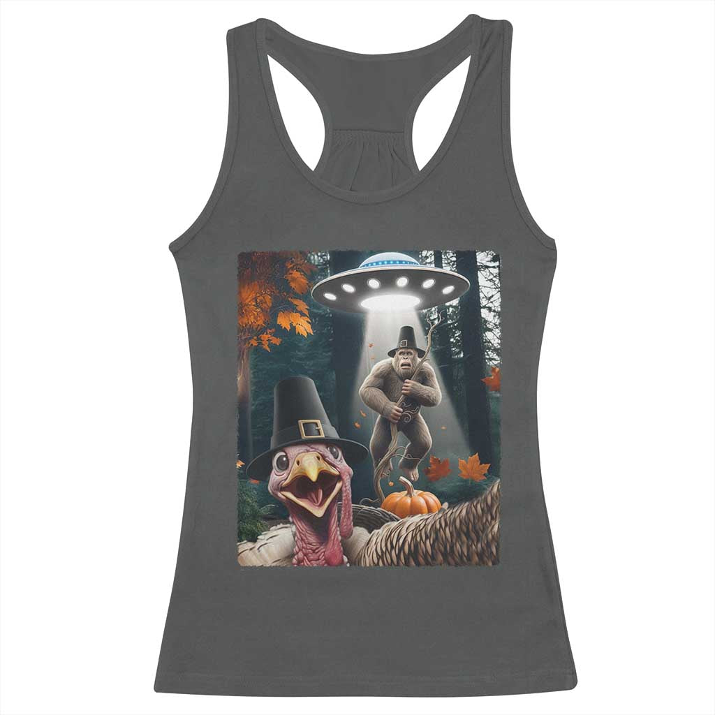 Thanksgiving Funny Bigfoot Turkey Selfie Racerback Tank Top TS14 Dark Heather Print Your Wear