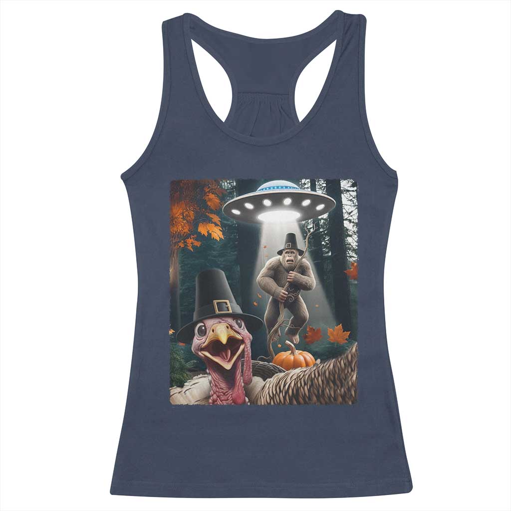 Thanksgiving Funny Bigfoot Turkey Selfie Racerback Tank Top TS14 Navy Print Your Wear