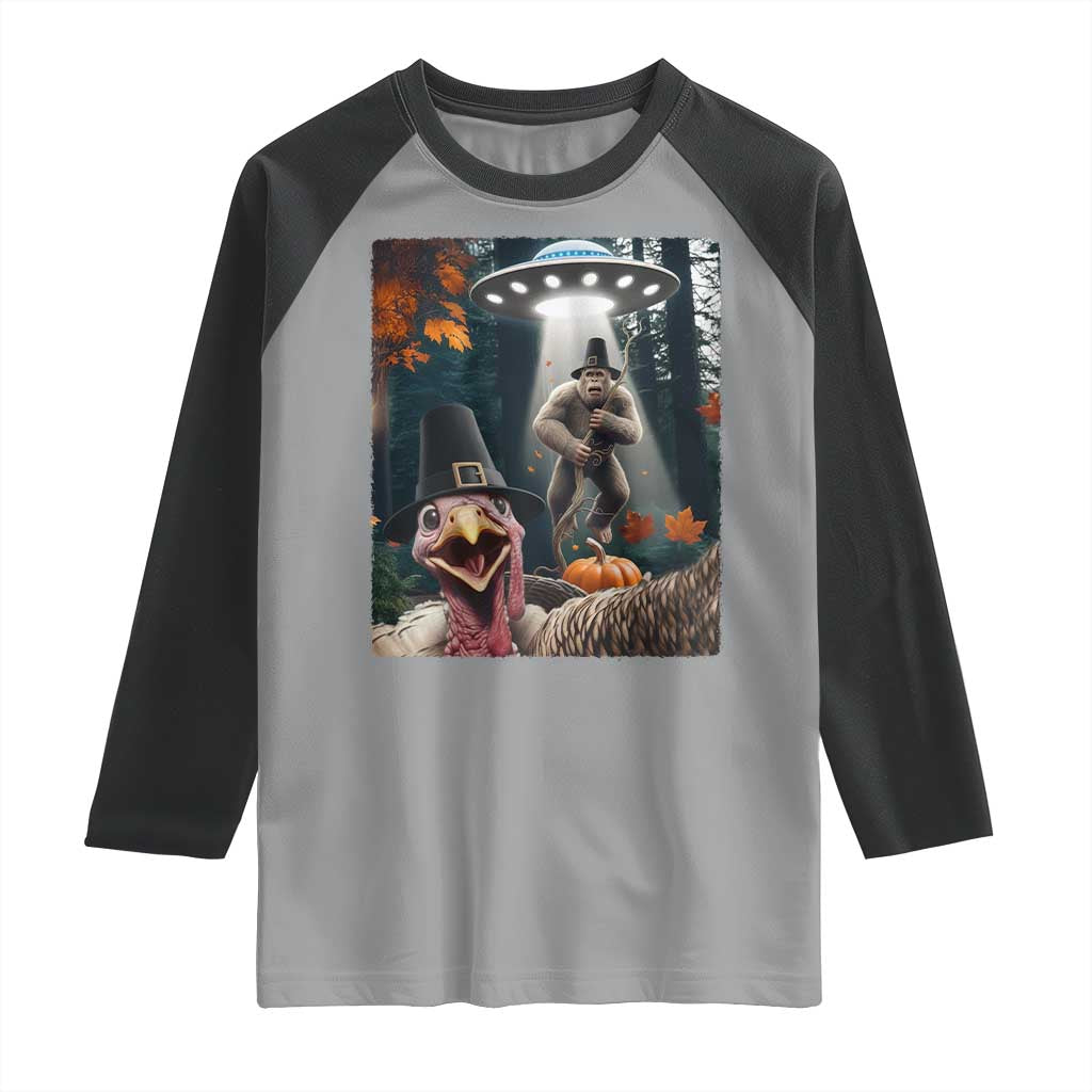 Thanksgiving Funny Bigfoot Turkey Selfie Raglan Shirt TS14 Sport Gray Black Print Your Wear