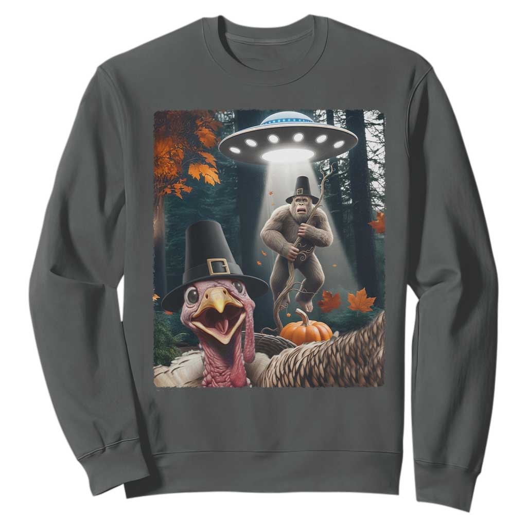 Thanksgiving Funny Bigfoot Turkey Selfie Sweatshirt TS14 Dark Heather Print Your Wear