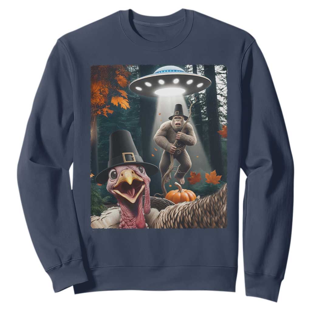 Thanksgiving Funny Bigfoot Turkey Selfie Sweatshirt TS14 Navy Print Your Wear