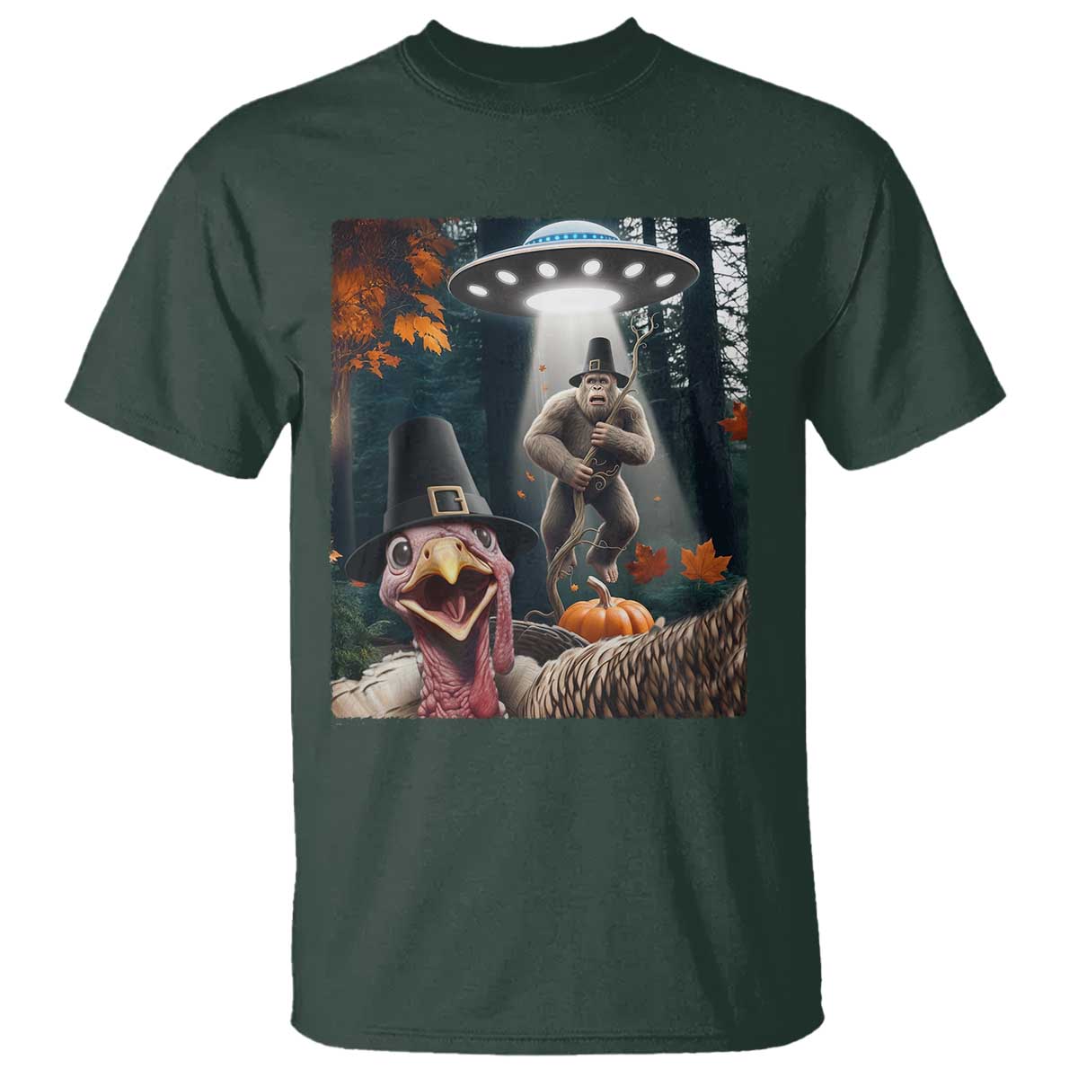 Thanksgiving Funny Bigfoot Turkey Selfie T Shirt TS14 Dark Forest Green Print Your Wear