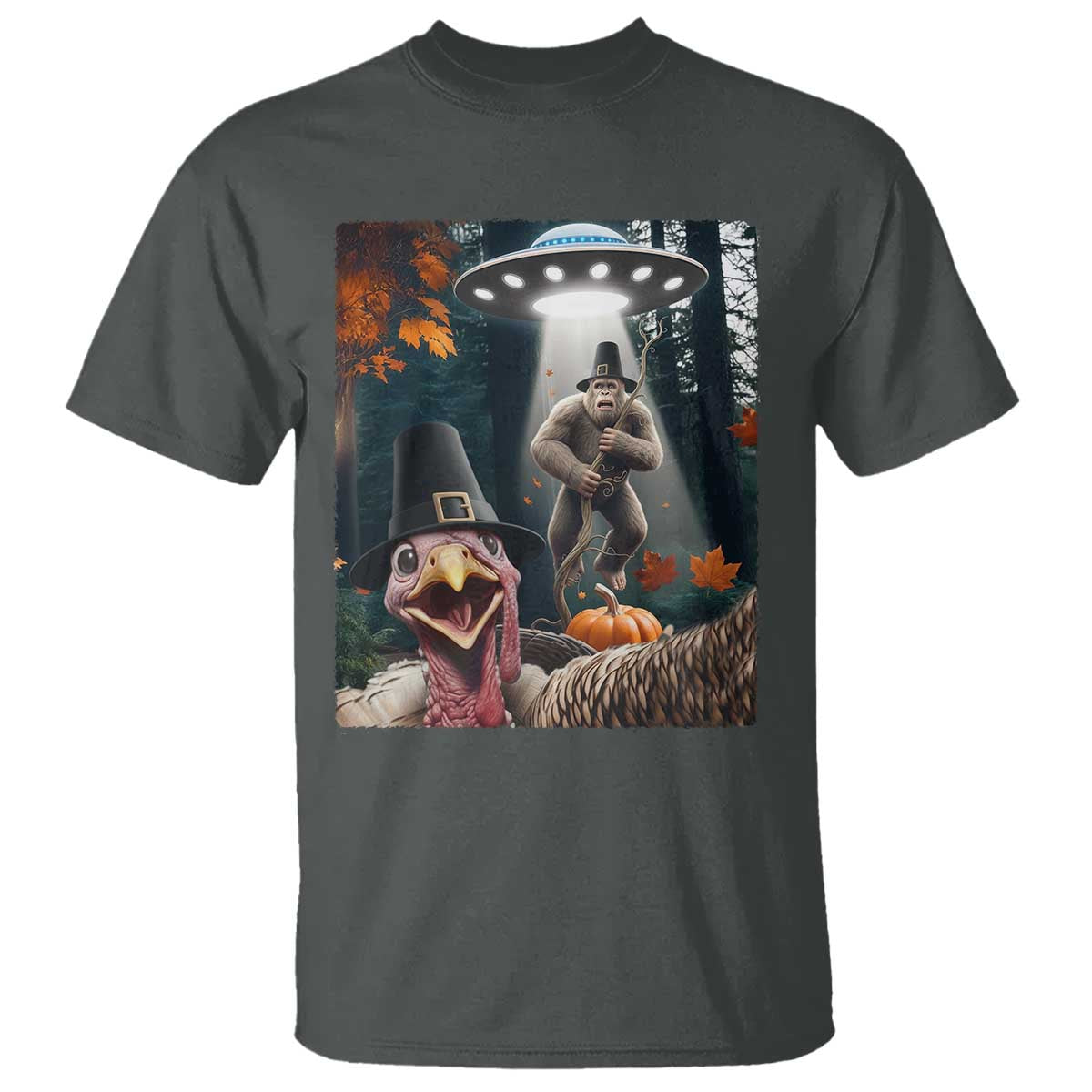 Thanksgiving Funny Bigfoot Turkey Selfie T Shirt TS14 Dark Heather Print Your Wear